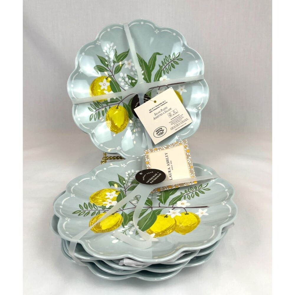 NWT 8pc LAURA ASHLEY  8” Salad Plates Melamine Blue Italian Lemon Amalfi Coast
